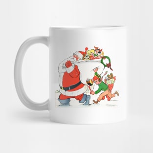 A boy cuts Santa's gift bag with scissors to steal toys on Merry Christmas night in the snow Retro Vintage Comic Cartoon Mug